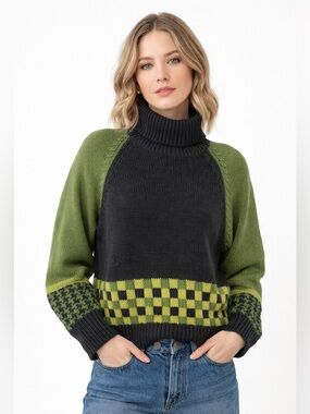 Anne Mieke New York Colorblock Turtleneck Sweater 100% cotton  VTG retro style/S